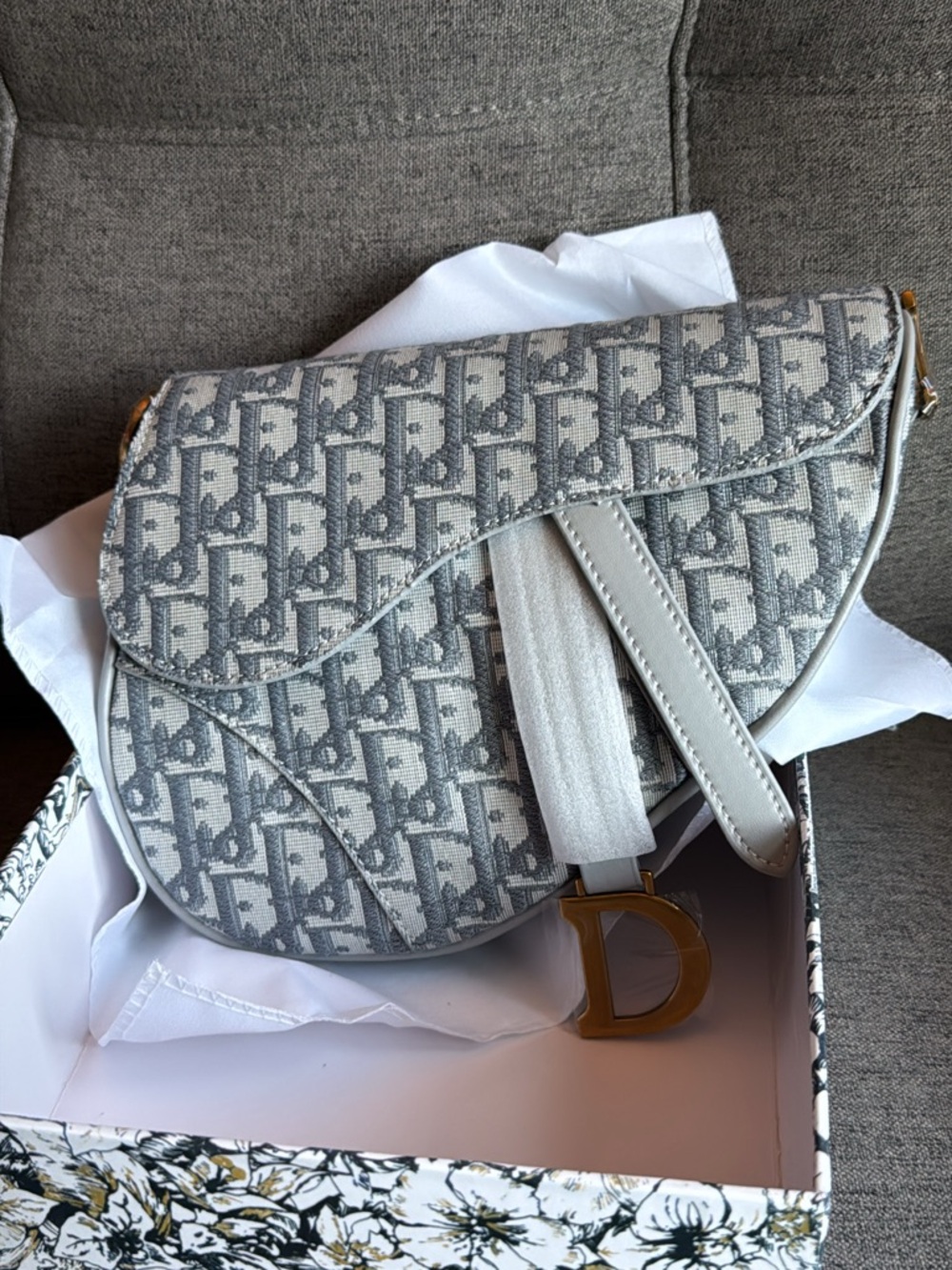 Dior Gray Oblique Saddle Crossbody with Gold 'D' Charm